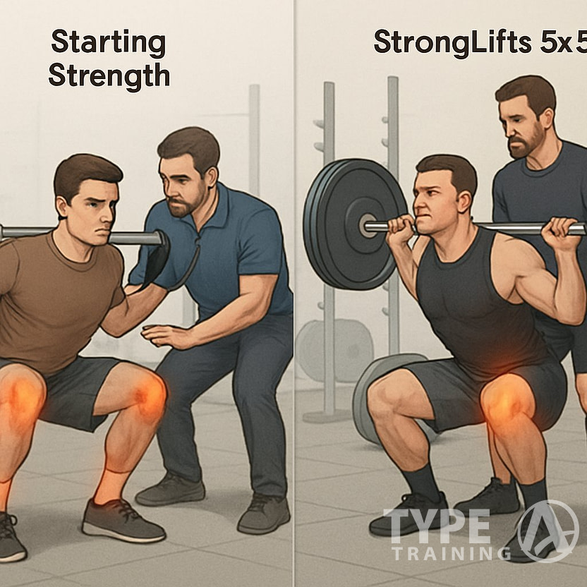 Two male athletes performing barbell squats side by side in a gym, one coached closely and the other assisted by a spotter, highlighting differences in training technique and safety.