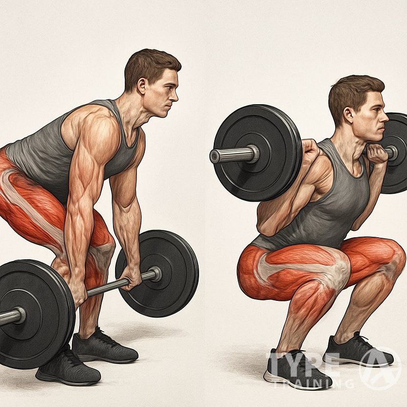 Side-by-side illustration of a person performing a deadlift and a squat, showing proper form and muscle engagement.