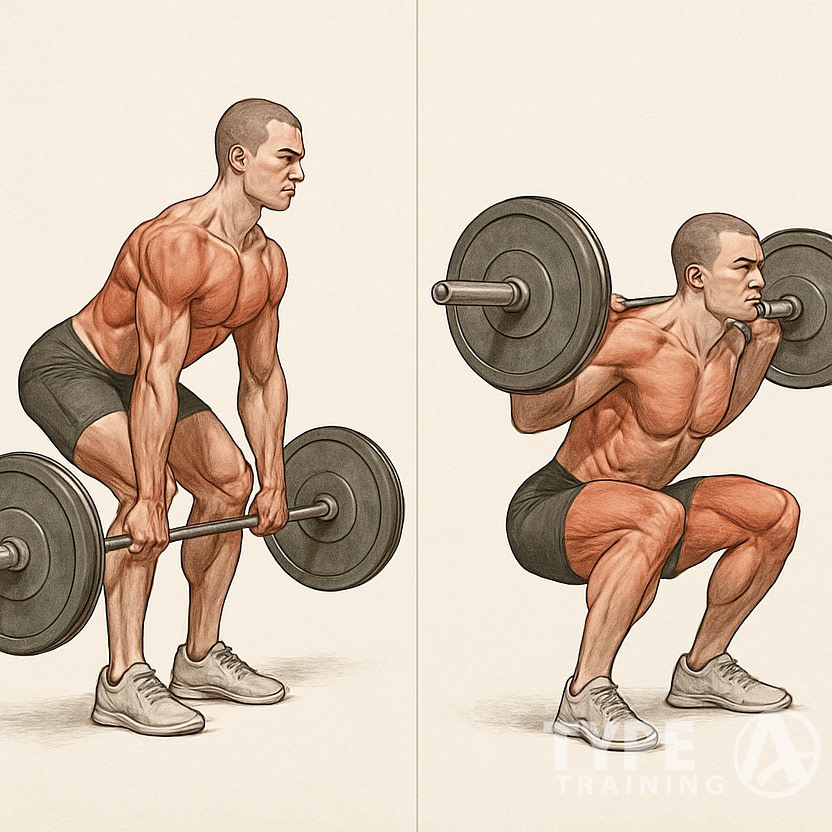 Side-by-side illustration of a person performing a deadlift and a squat with a barbell, showing correct form for each exercise.