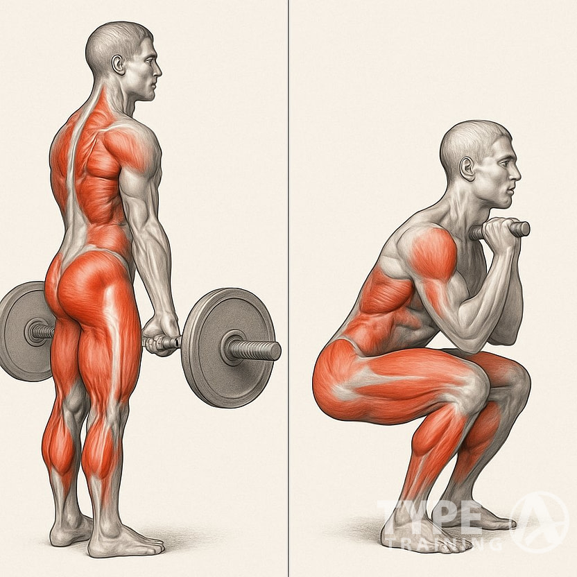 Two human figures side by side, one performing a deadlift and the other performing a squat, with highlighted muscles showing the areas worked by each exercise.