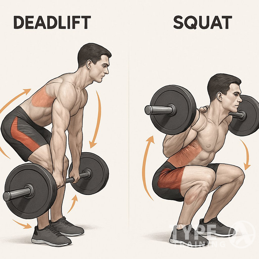 Side-by-side illustration of a person performing a deadlift and a squat, showing proper form and movement mechanics for each exercise.