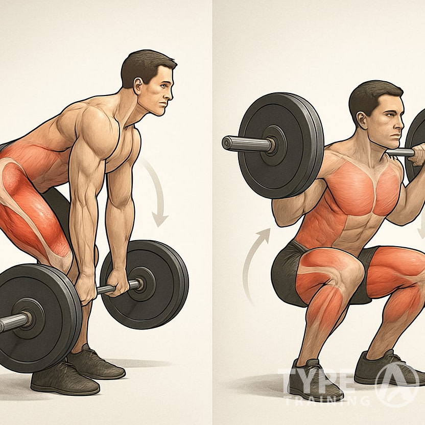 Split image showing a person performing a deadlift on the left and a person performing a squat on the right, with highlighted muscles engaged in each exercise.