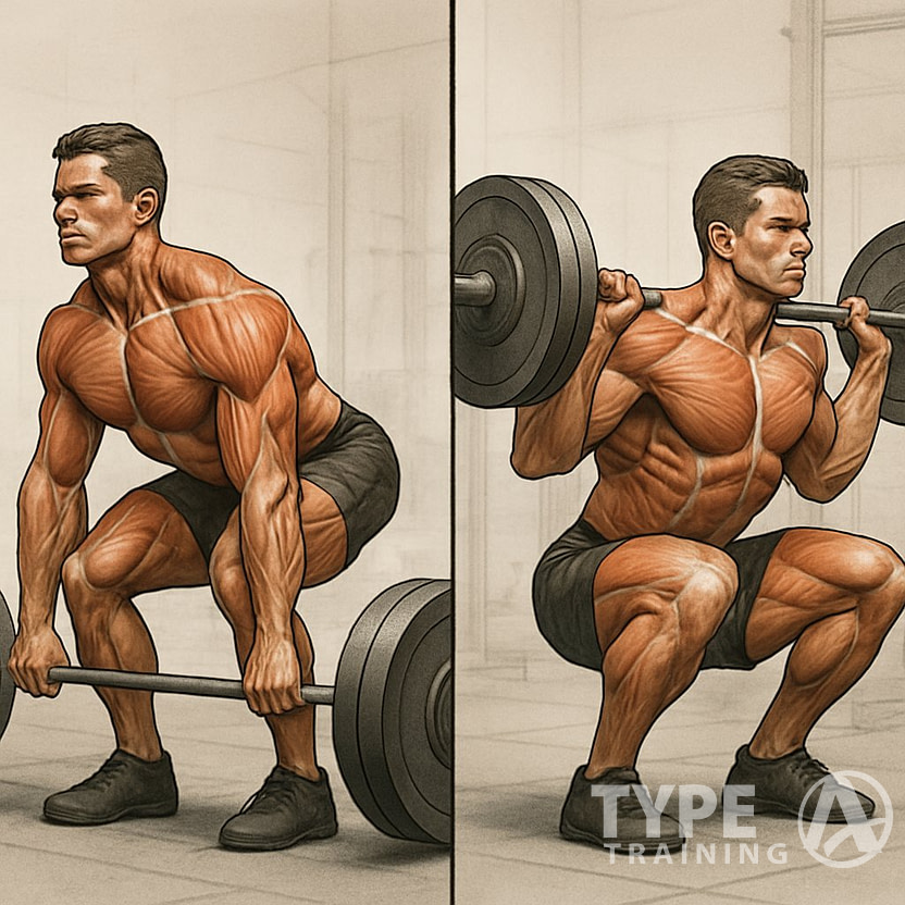 Two athletes side by side performing a deadlift and a squat with barbells in a gym setting, showing proper exercise form and muscle engagement.