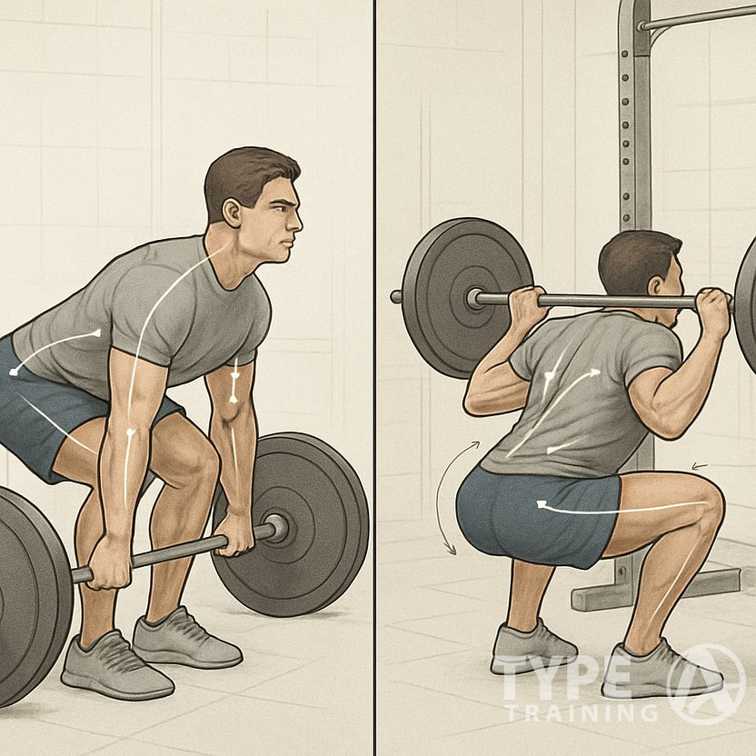 Side-by-side illustration of a person performing a deadlift and a squat in a gym, showing correct posture and muscle engagement for each exercise.