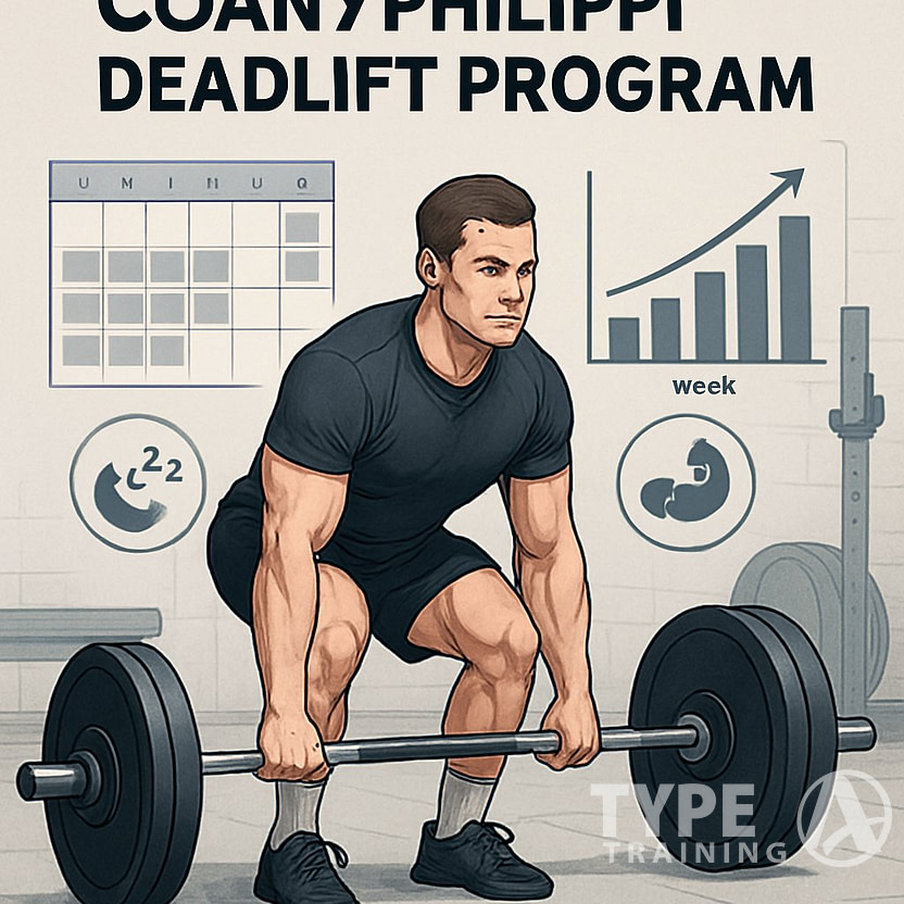 An athlete performing a deadlift in a gym surrounded by workout charts and equipment illustrating a structured weightlifting program.