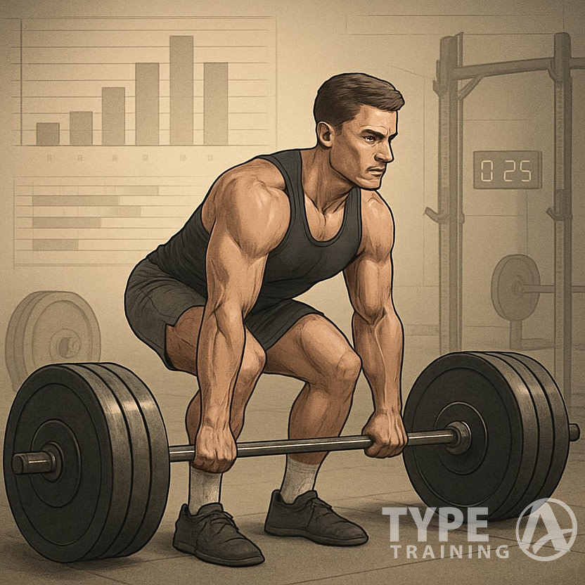 An athlete performing a deadlift in a gym with weightlifting equipment and visual elements suggesting training progress and routines.