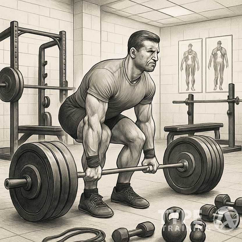 An athlete performing a deadlift in a gym surrounded by various strength training equipment.