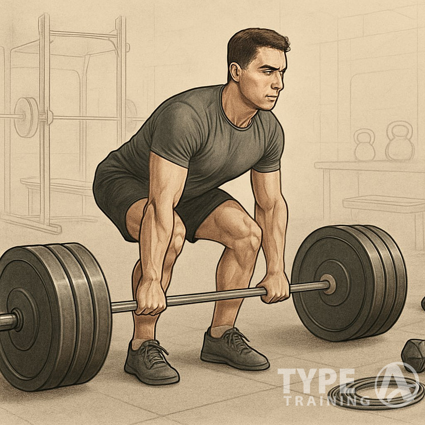 An athlete performing a deadlift in a gym with various weightlifting equipment around, illustrating a comprehensive strength training setup.