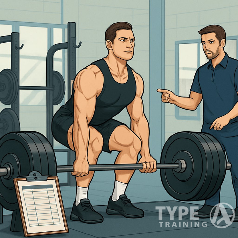 An athlete performing a deadlift in a gym with a coach nearby and workout plans visible on a clipboard.