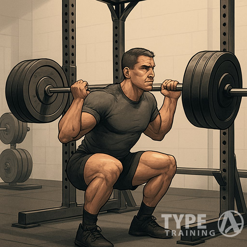 A person performing a heavy barbell squat in a gym with weight plates and equipment around.