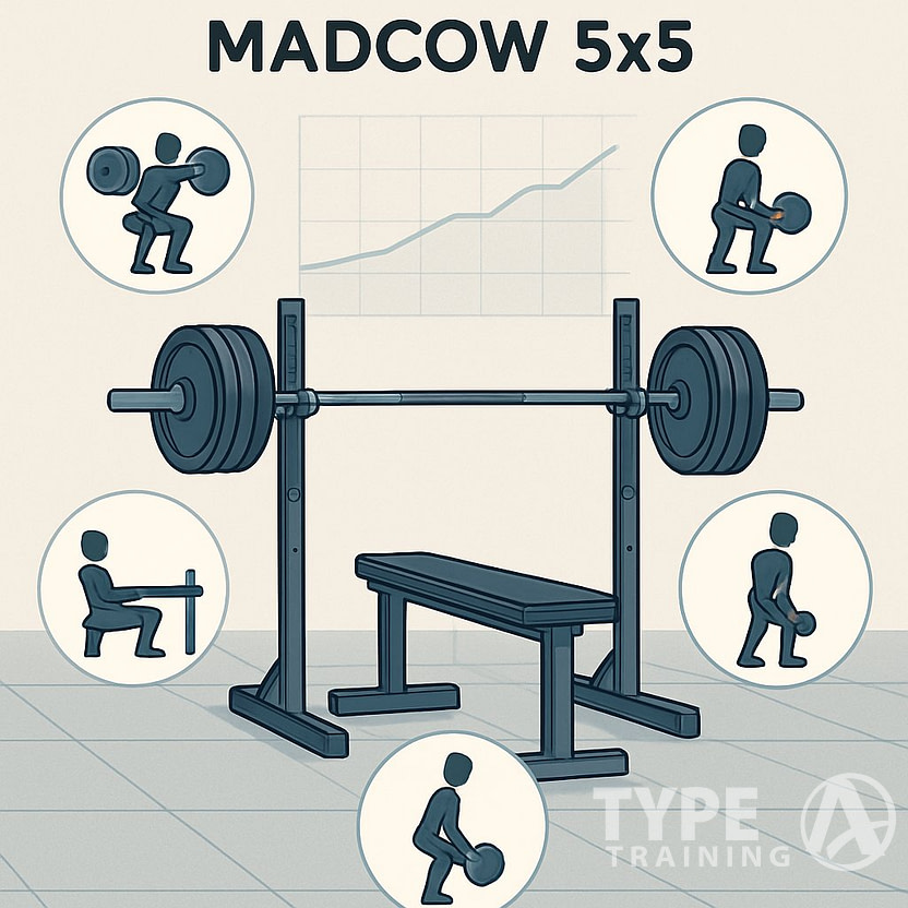 An illustration showing a gym scene with a barbell on a squat rack and simplified figures demonstrating five main weightlifting exercises.