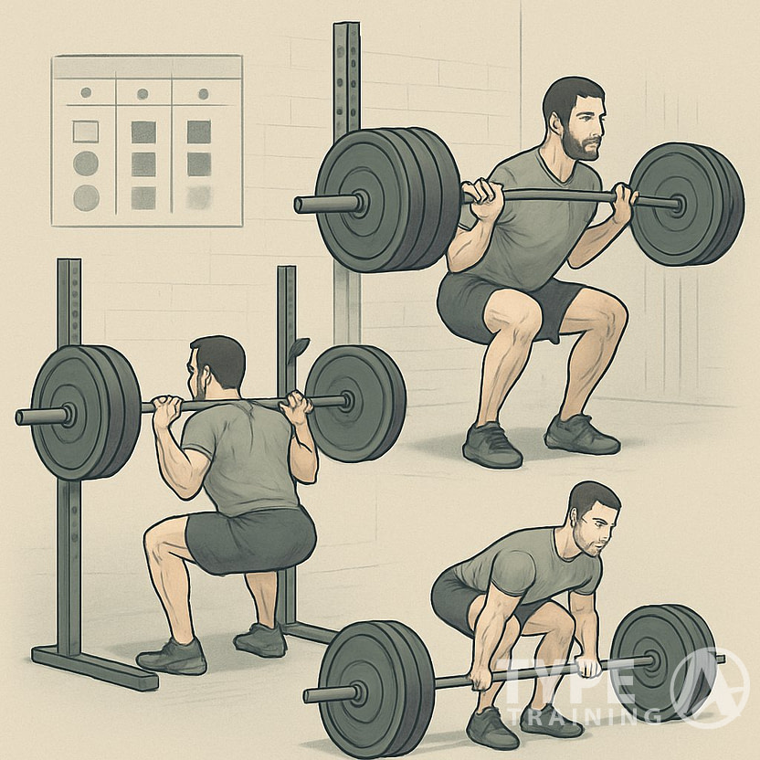 A man performing key weightlifting exercises in a gym, showing proper form and workout progression with gym equipment around him.