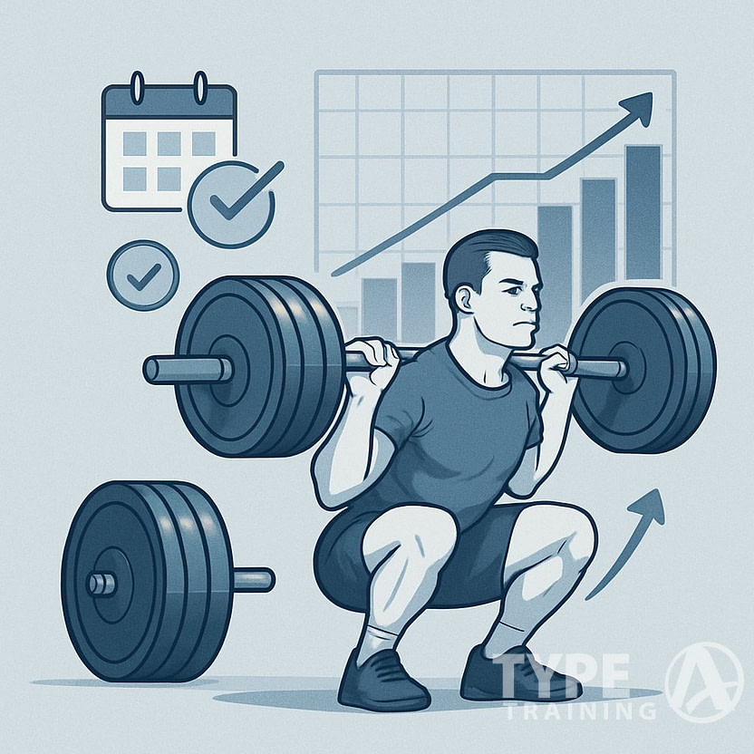 An athlete performing a squat with a loaded barbell in a gym, surrounded by visual elements representing training progression, volume, and periodization.