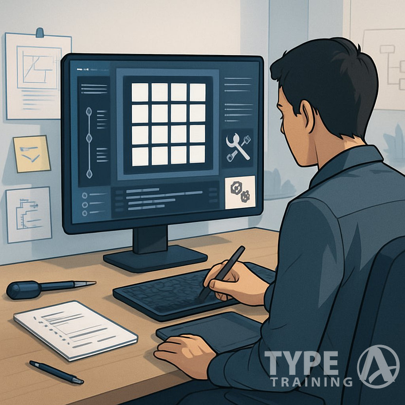 A person working at a desk with a computer showing a 5x5 grid, surrounded by technical tools and notes in an office setting.