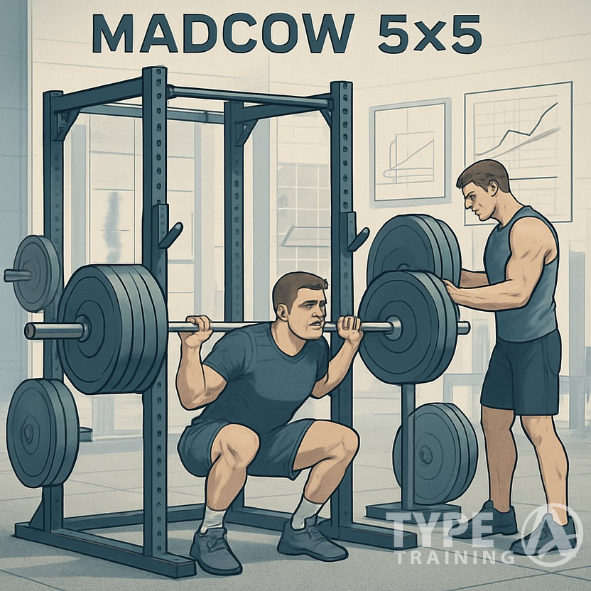 Two athletes in a gym performing barbell squats and adjusting weights, with charts and gym equipment around them showing strength training and progression.