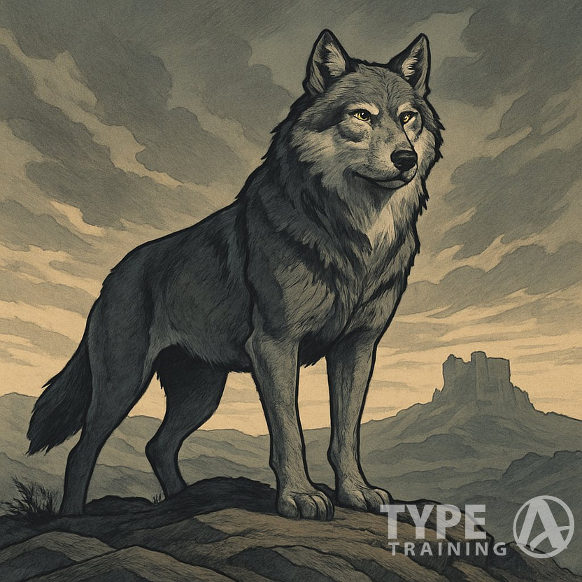 A gray wolf standing on a rocky hilltop with mountains and ancient ruins in the background under a cloudy dawn sky.