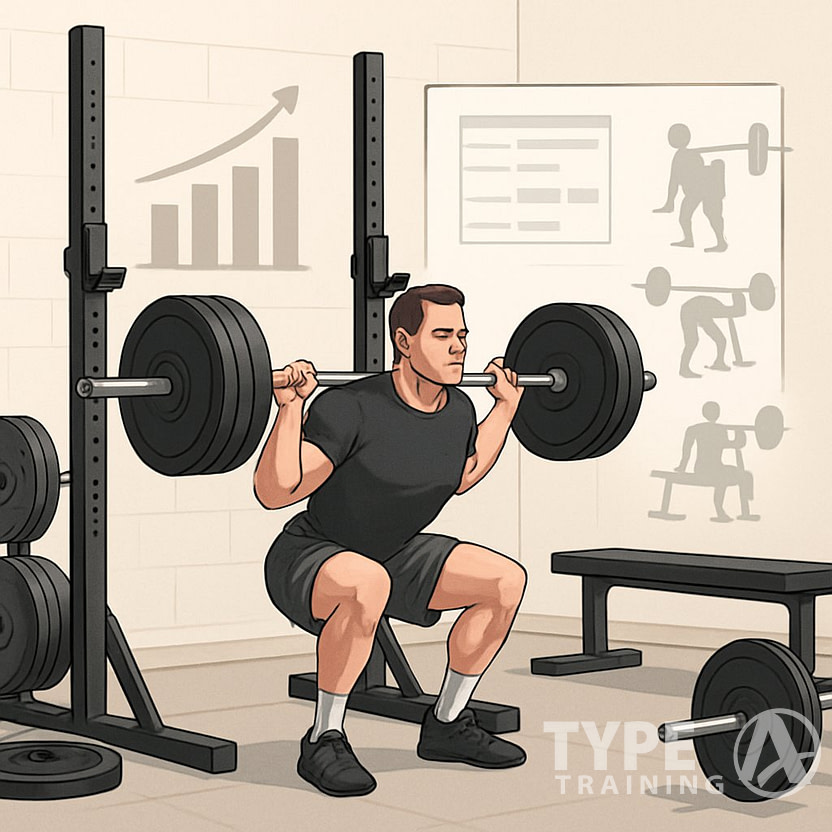 A person performing a barbell squat in a gym surrounded by strength training equipment and visual elements representing workout progression.
