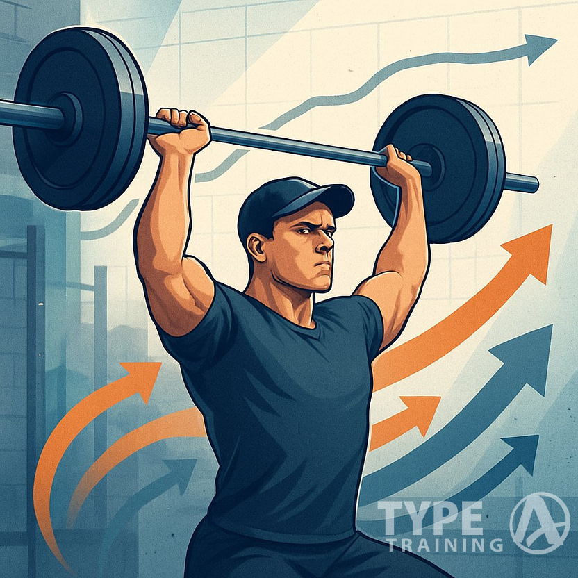 A person lifting weights in a gym with a graph in the background showing progress and plateaus.