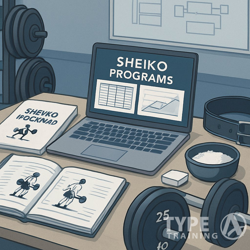 A workspace with a laptop showing workout charts, printed manuals, and weightlifting equipment like a barbell and plates, set in a gym environment.