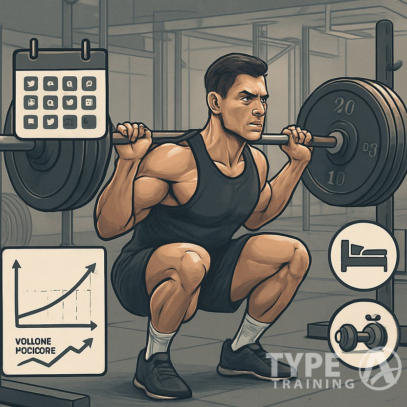 An athlete performing a deep barbell squat in a gym, surrounded by visual elements representing training phases, rest, nutrition, and recovery.