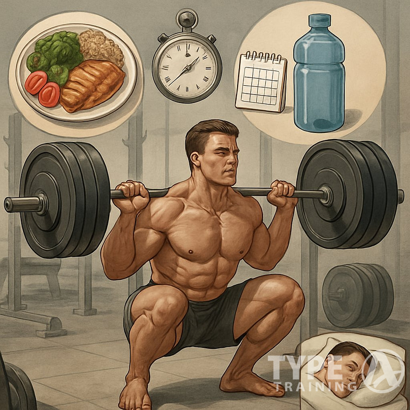 An athlete performing a heavy squat in a gym surrounded by symbols of nutrition, hydration, rest, and training schedule.