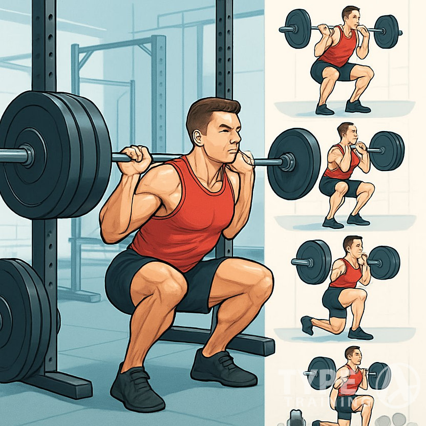 An athlete performing a heavy squat in a gym with smaller images showing different squat variations and related exercises.