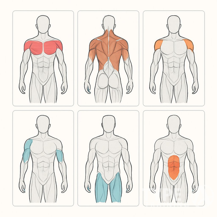 An organized illustration showing a weekly workout plan with six sections, each highlighting different muscle groups on a human figure for a six-day training routine.
