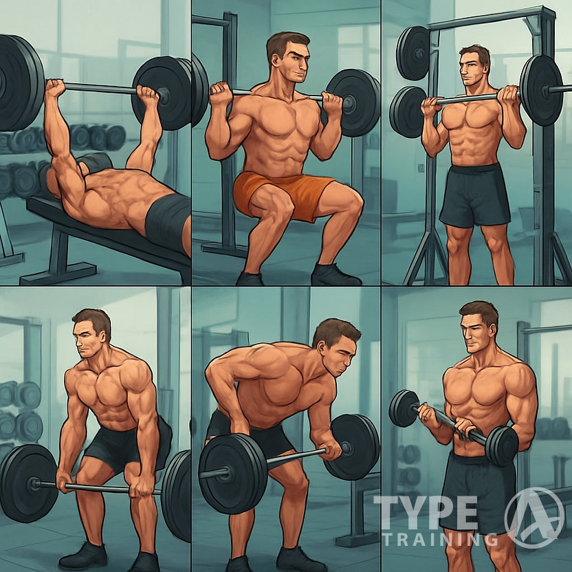 Six panels showing a muscular man performing different weightlifting exercises in a gym, each targeting various muscle groups.