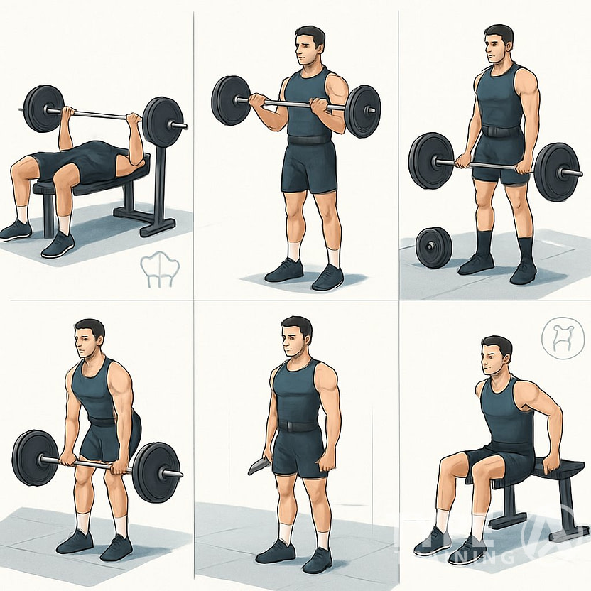 Six people performing different weightlifting exercises in separate areas, each targeting a different muscle group as part of a six-day workout routine.