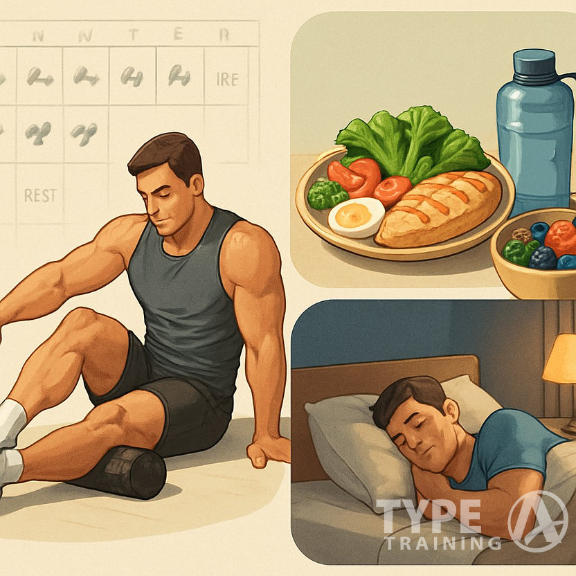 An illustration showing a person stretching, a healthy meal with proteins and vegetables, and someone sleeping peacefully to represent recovery, nutrition, and rest in a weekly workout routine.