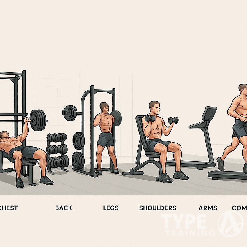 A gym setting showing six workout stations with different exercise equipment and a person performing various strength and conditioning exercises.