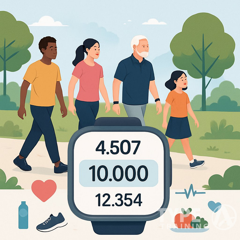 People walking in a park with a large pedometer graphic showing different step counts and health icons around it.
