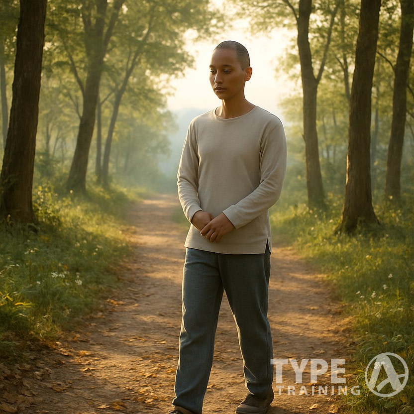 A person walking slowly on a forest path surrounded by trees and sunlight, appearing calm and focused.