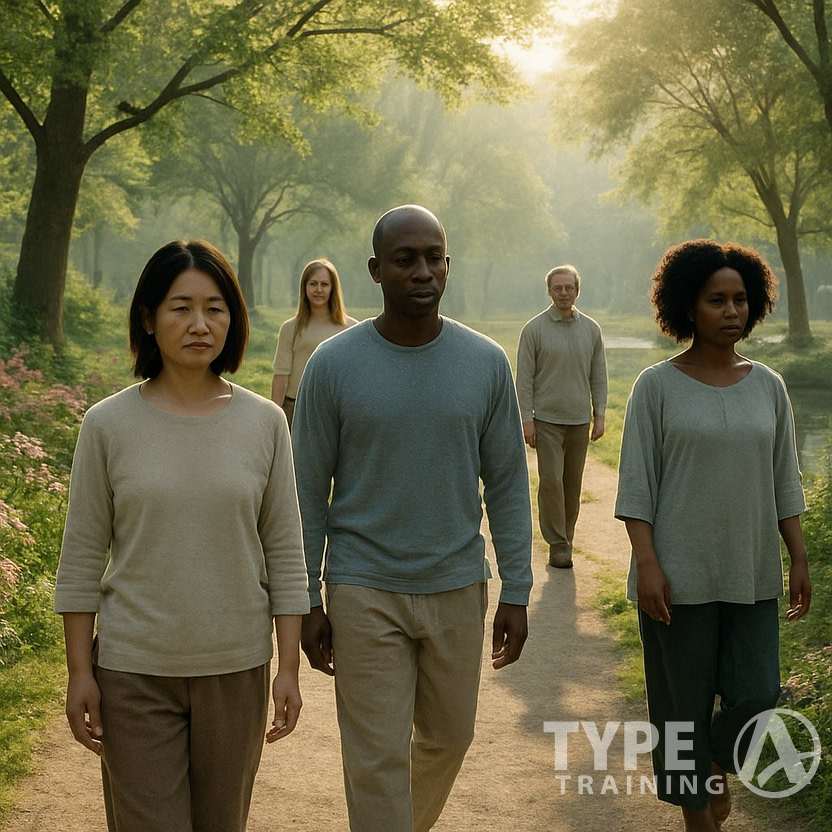 People walking slowly and calmly along a tree-lined path in a peaceful park, practicing mindfulness during a morning stroll.