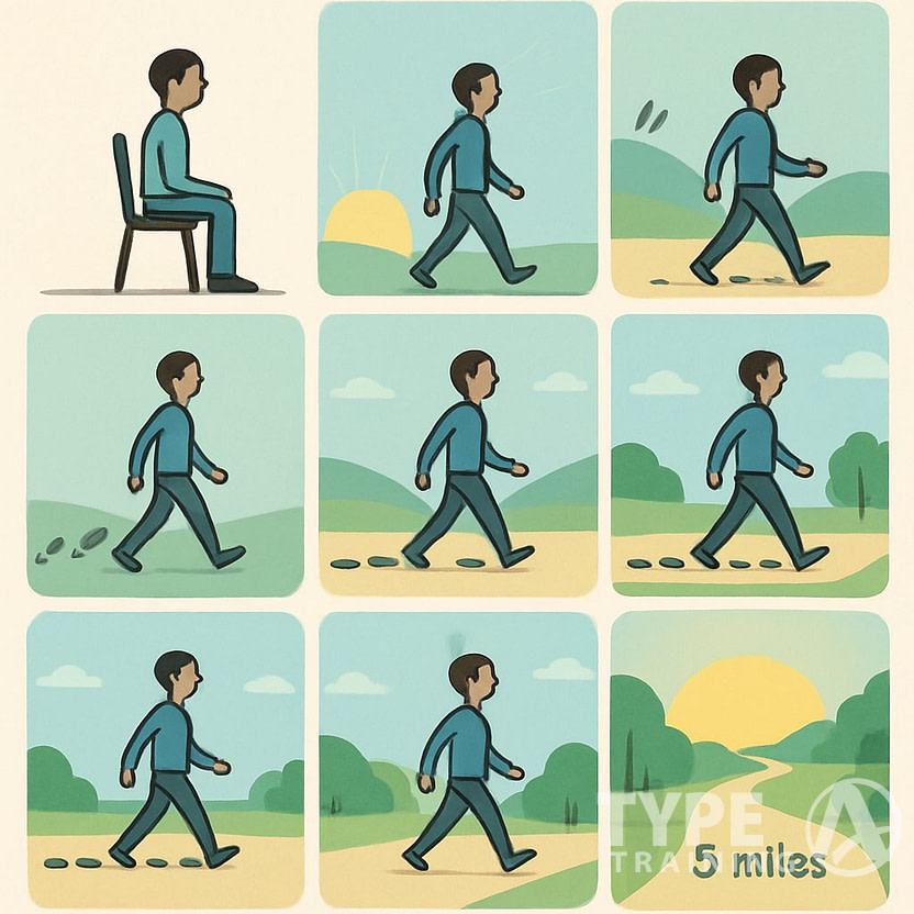 A series of eight scenes showing a person gradually increasing their walking distance from sitting still to walking 5 miles on a path surrounded by trees and hills.