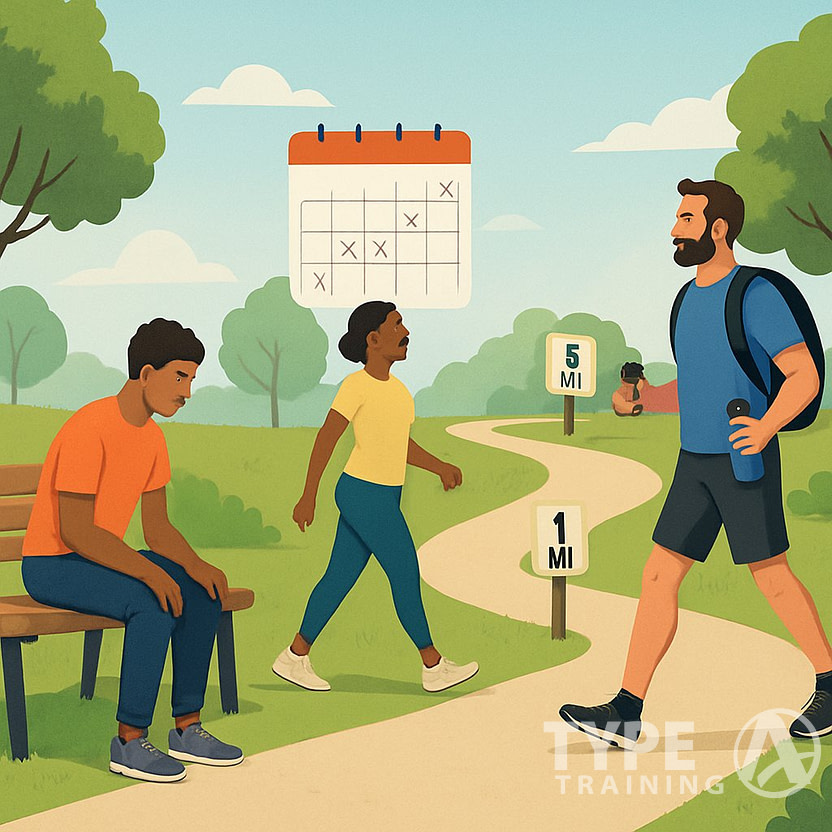 A group of people walking along a park path at different stages of progress, from starting out to walking longer distances, with trees and a clear sky in the background.