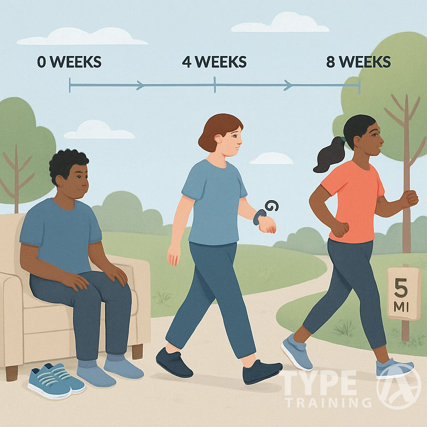 People at different stages of a walking plan outdoors, progressing from sitting to walking 5 miles over time along a park path.