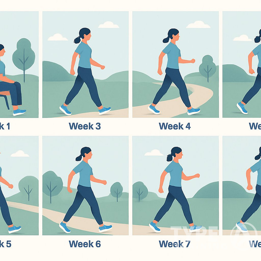 Illustration of a timeline showing a person gradually increasing walking activity over eight weeks, starting from sitting still to walking confidently outdoors on a path surrounded by trees and hills.