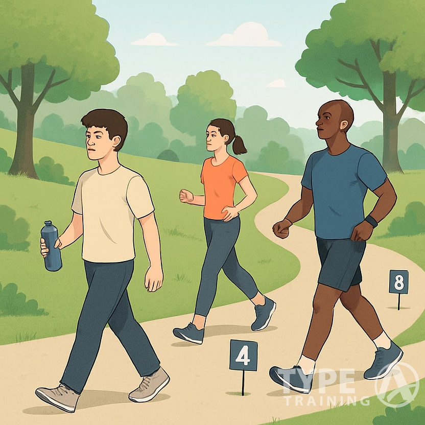 A group of people walking along a park path at different stages of fitness, with trees and milestone markers visible.