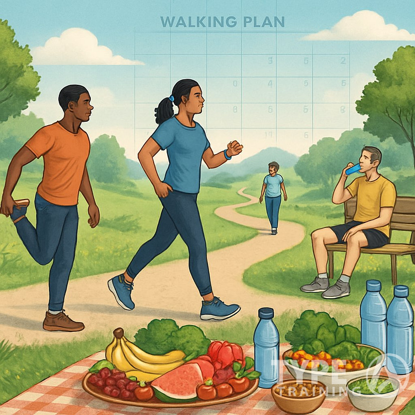 People walking and resting along a park path with healthy foods nearby, showing different stages of a walking plan.
