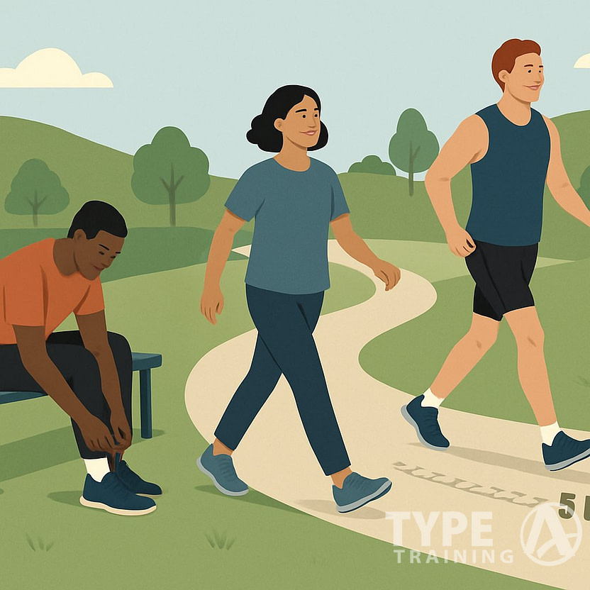A group of people at different stages of a walking plan on a park path, showing gradual progress from sitting to walking longer distances.