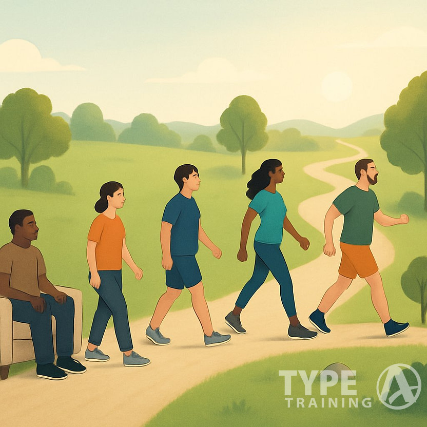 People walking along a path outdoors, showing different stages of progress from sitting to walking longer distances over time.