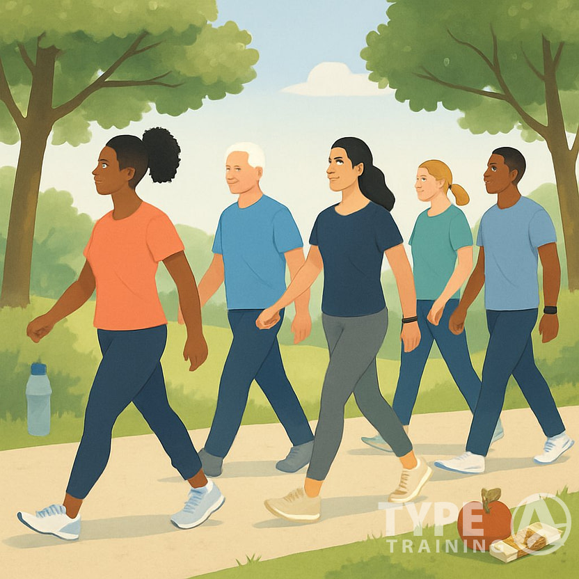 People of different ages and backgrounds walking together on a sunny park path surrounded by trees and greenery.