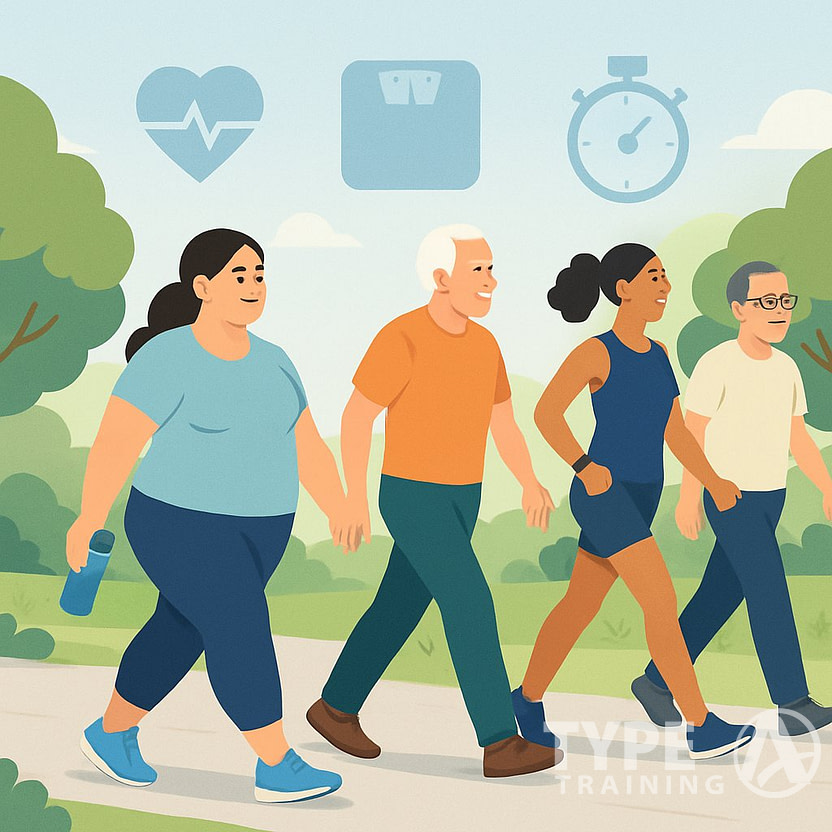 People walking outdoors on a path in a park surrounded by trees and greenery, illustrating healthy physical activity for weight management.