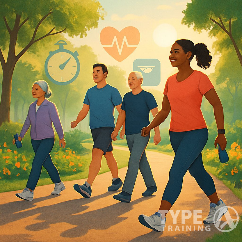 A group of diverse people walking on a park path surrounded by trees and flowers, engaging in a healthy walking routine.