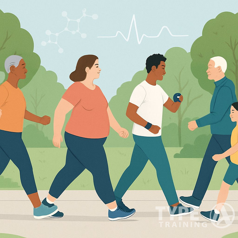People of different ages and body types walking on a park path surrounded by trees, some wearing fitness trackers.
