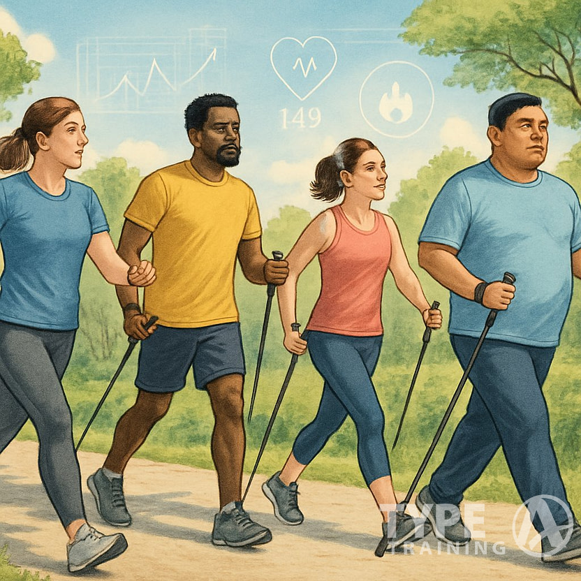 People walking outdoors on a path using walking poles and fitness trackers, surrounded by trees and greenery.