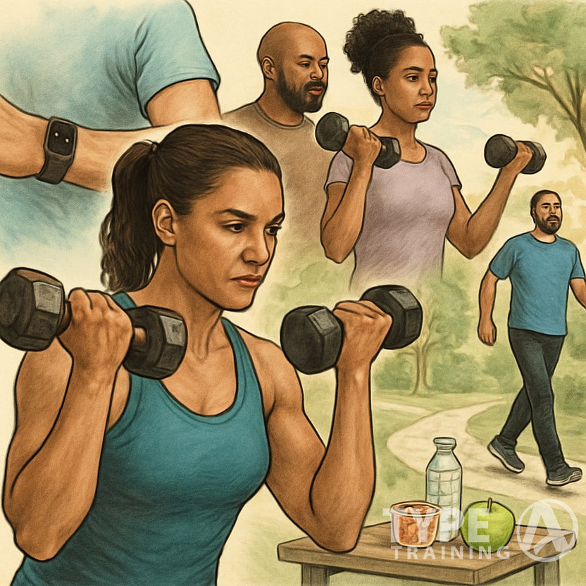 People exercising outdoors with one person lifting dumbbells and another walking on a path in a park.