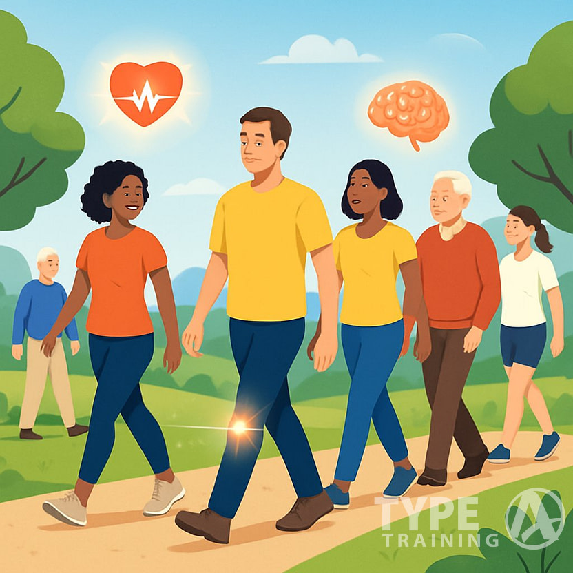 People of different ages and backgrounds walking together in a green park with symbols representing heart health, mental clarity, and joint mobility around them.