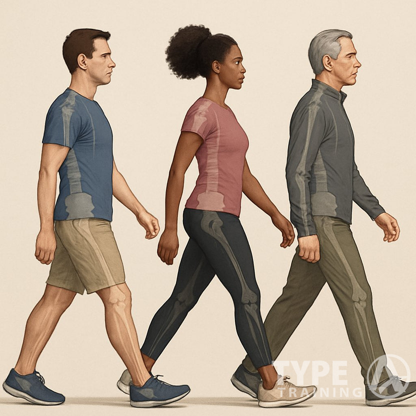 Three adults walking side by side demonstrating proper walking posture with aligned heads, backs, hips, knees, and feet.